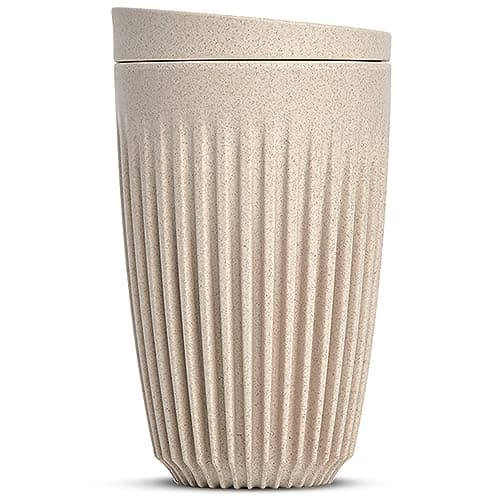 Image of HUSKEE Coffee Cups with Lids - Reusable Coffee Cup with Unique Fins for Espresso, Cappuccino, Americano, Mocha - Insulated & Portable Latte Cups Made with Repurposed Coffee Husks (Natural, 12oz)