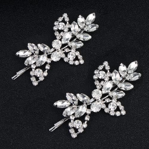 Image of 2 Pcs Rhinestone Hair Clips Shining Hair Barrettes Bridal Hair Barrettes Pins Leaf Wedding Hairpin Bride Pearl Crystal Hair Clips Silver Rhinestone Barrette Elegant Bridal Hair's Accessories
