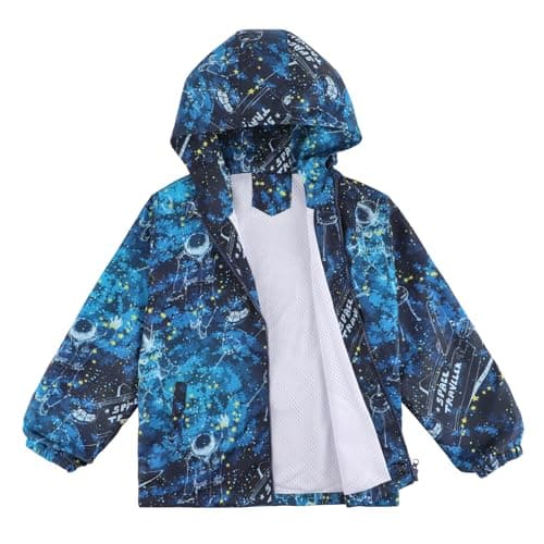 Image of LACOFIA Boys Waterproof Jacket Kids Windbreaker School Hooded Coat Mesh Lined Lightweight Raincoat for Children Navyblue Astronaut 7-8 Years
