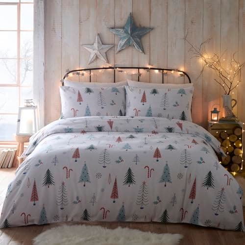Image of Portfolio Home Alpine Forest Festive Trees Multi Double 100% Brushed Cotton Soft Cosy Bed Linen Bedding Duvet Cover Quilt Set With Pillow Cases