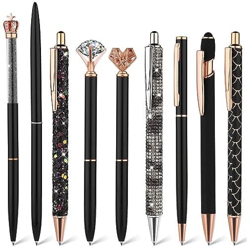 Image of TIESOME 9 Pcs Ballpoint Pens, Metal Crystal Diamond Pen Liquid Sand Glitter Pen for Journaling Black Ink Pretty Cute Pens Fancy Pens Gifts for Women Girls School Wedding Office Supplies(Black)