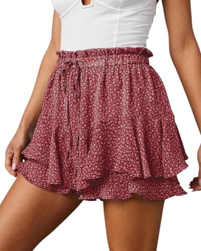 Image of Oyamiki Chiffon Skorts for Women Ruffle Hem Tie Front Wine Red Skort Wide Leg Relaxed Fit A Line Skirt Elastic Waist Shorts L