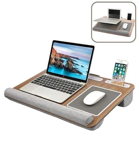 Image of Laptop Tray with Pillow Cushion - Adjustable Lap Desk for Bed & Sofa - Built-in Mouse Pad, Wrist Rest & Phone Holder - Fits Up to 17" Laptops - Portable Writing & Gaming Tray