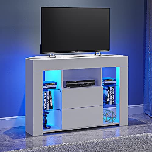 Image of Panana Corner TV Stand Cabinet Sideboard 2 Storages 4 Glass Shelves With RGB LED Lights 16 colors for choose (White), 100cm