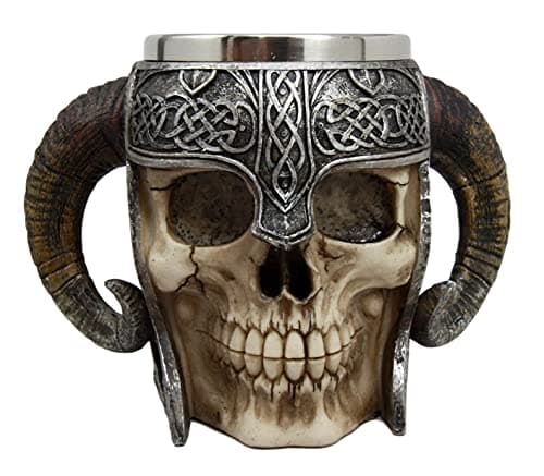 Image of Atlantic Collectibles Viking Ram Horned Pit Lord Warrior Skull With Battle Helmet Beer Stein Tankard Coffee Cup Mug
