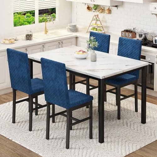 Image of HOOSENG Dining Table and Chairs Set 4, Faux Marble Tabletop with 4 Upholstered Velvet Chairs, Kitchen Table Set for Apartment, White & Blue