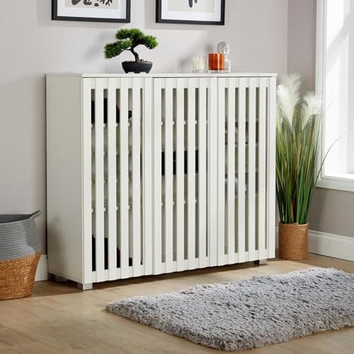 Image of Home Source 3 Door Wooden Shoe Storage Cabinet Rack Stand, Slatted Cupboard, White
