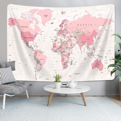 Image of VeiVian Pink World Map Tapestry, of Vintage Topography Educational Tapestries Posters for College Kids Student Dorm Wall Art, Geographical Travel Tapestry Girl Bedroom Nursery Decor, 60X40in
