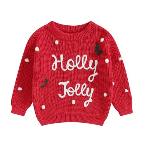 Image of Siyova Baby Boys Girls Christmas Jumpers Knitted Sweaters Long Sleeve Letter Print Pullover Knitwear Toddler My First Christmas Outfits Winter Clothes (Bright Red, 3-6 Months)