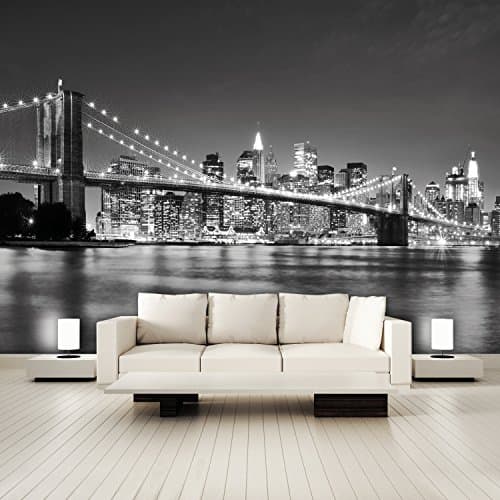 Image of murimage Photo Wallpaper New York 3D 366 x 254 cm Including Paste Wall Mural incl. Glue Paste Manhattan Skyline City USA Black and White Brooklyn Bridge Nighttime