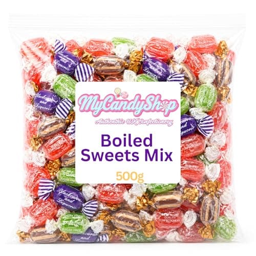 Image of MyCandyShop Boiled Sweets Assortment 500g - Rhubarb and Custard, Aniseed Twists, Mint Humbugs, Fruit Drops & Blackcurrant Liquorice - Individually Wrapped Old School Retro Sweets