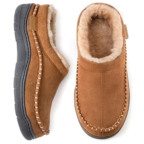 Image of Zigzagger Men's Moccasin Slippers Indoor/Outdoor Fluffy House Shoes Memory Foam Slip On for Men, Camel, 9.5 UK