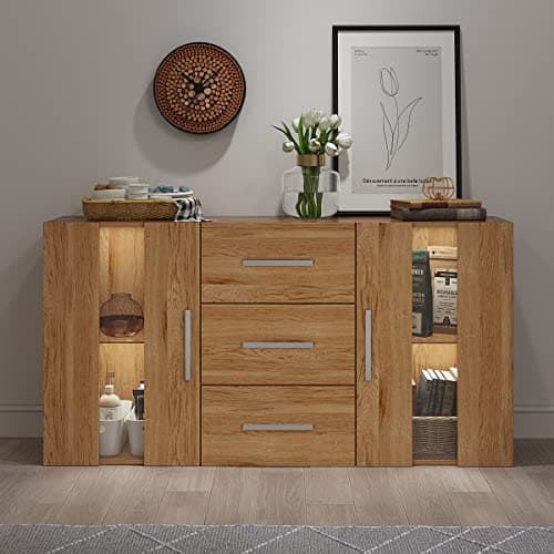Image of Panana 2 Doors 3 Drawers Sideboard Cupboard Unit Cabinet RGB LED lighted Storage with glass on the door and inside (OA)