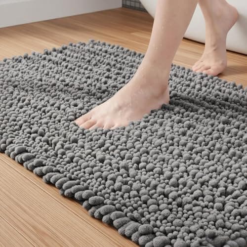 Image of Chenille Microfiber Bath Mat,40 x 60 cm Non-Slip Absorbent Bathroom Rug,Grey Bath Mats for Bathroom,Machine Washable,Soft Plush,Waterproof Shower Mat for Living Room, Kitchen and Indoor Scenes