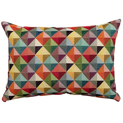 Image of Linen Loft Geometric Tapestry Double Sided Boudoir Cushion Cover. Multicoloured Red Blue Green Yellow Triangular Harlequin Patten. 17"x12" Rectangle.