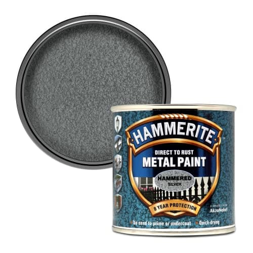 Image of Hammerite 5084798 Direct to Rust Metal Paint - Hammered Silver Finish 250ML