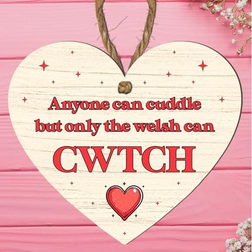Image of Welsh Cwtch Plaque | Heart Shaped Hanging Wooden Sign | Red or Black Text | Only the Welsh Can Cwtch | Cute Welsh Saying Gift for Home or Loved One (Medium: 15 cm (H) × 13 cm (W))