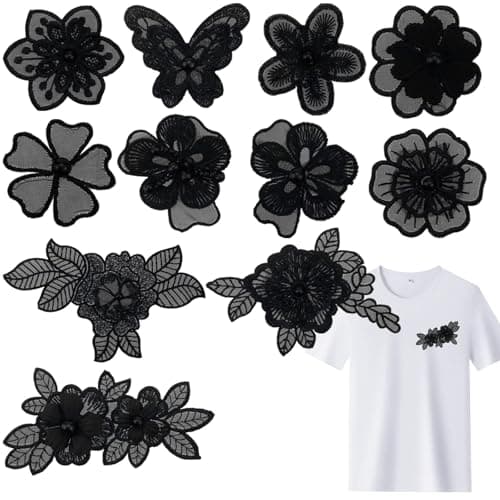 Image of 12PCS Flower Applique, Black Lace Embroidered Patches Wedding DIY Decorating Sewing Craft 3D Floral Sew On Patches for Women's Dress Jeans Sweater Hats Shoes Bags Clothes