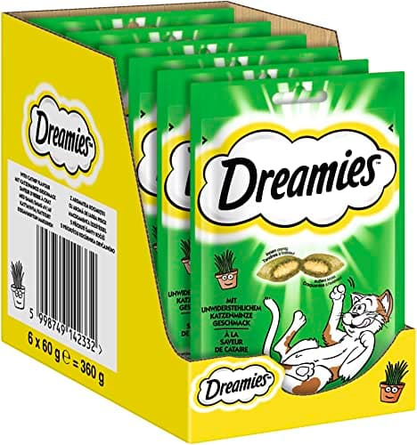 Image of Dreamies Catnip Cat Snacks with Mint - Incredibly Crispy Bags with Delicate Filling - 6 x 60 g