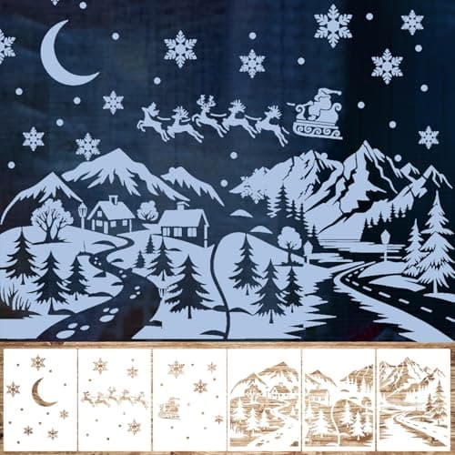Image of Leinuosen 6 Pcs Large Christmas Window Stencils 16.54 x 11.81 Inches Village Template Reusable Craft for Drawing Painting Spraying Window Glass Door Xmas Snowflake DIY Decoration