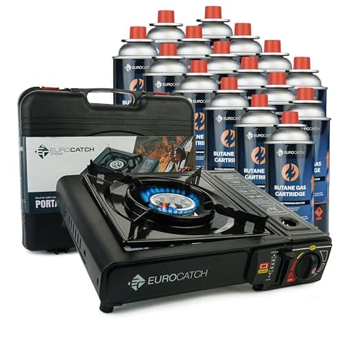 Image of Eurocatch Gas Cooker - incl. 16 Gas Bottles - Gas Stove - Camping Cooker - Gas Burner - Gas hob - Gas Cooker - Carrying Case