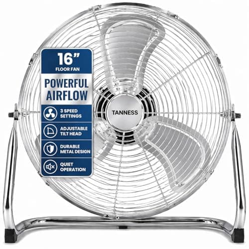 Image of TANNESS 16 Inches Chrome Metal Floor Fan, High Power 3-Speed Home Gym with Adjustable Head, Heavy-Duty Industrial Fan for Home & Commercial Use, Powerful Airflow, Quiet Operation