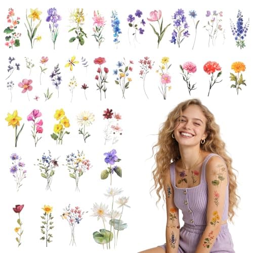 Image of 10 Sheets Wildflower Temporary Tattoos, Flower Temporary Tattoos Stickers, Small Wildflower Floral Temporary-Tattoo for Birthday Decorations, Party Supplies, School Rewards Gifts, Body Art Decoration