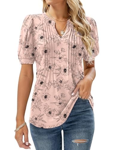 Image of EFFAN Women Tops Tunic Short Sleeve Summer T Shirts Ladies Clothes Dressy Fashion Blouses Apricot Floral M (UK 12-14)