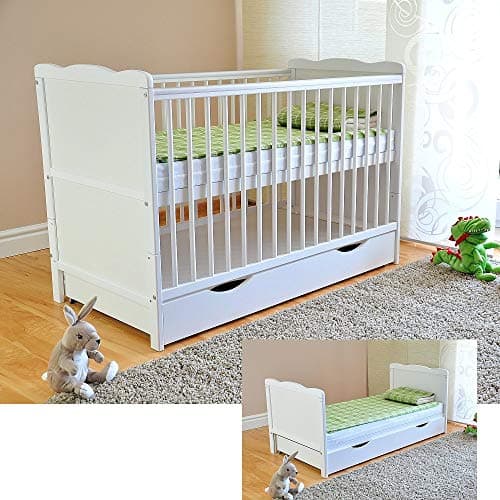 Image of White Solid Wood Baby Cot Bed & Deluxe Foam Mattress Converts into a Junior Bed ✔ 3 Position ✔ water repellent mattress liner