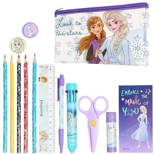 Image of Disney Stitch Kids Pencil Case and Stationery Supplies Set for Preschool Nursery Notebook Colouring Pencils Pen, Girls Gifts (Purple Frozen)