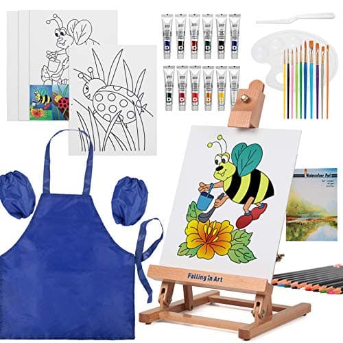 Image of COOZEE Art Painting Set for Kids with Table Easel, Acrylic Painting Starter Kit with 12 Acrylic Paints, 12 Water Soluble Colored Pencils, Paint Brushes, Canvas Panels, and Watercolor Pad, Blue