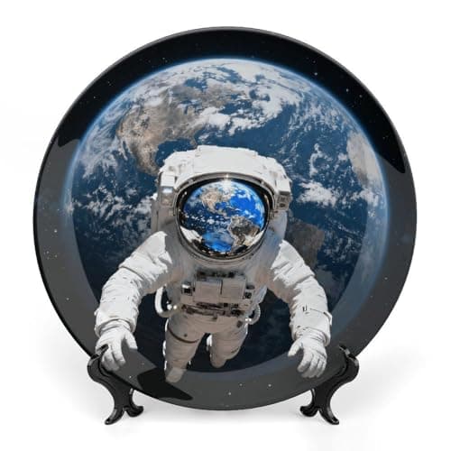 Image of FekiLoot Astronaut & Earth Decorative Plates Bone China Plates with Stand for Display 10inch Round Ceramic Dinner Plates Dessert Plate for Kitchen Party Coffee Table Decor Art