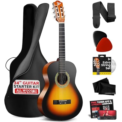 Image of Pyle Beginner Acoustic Guitar Kit, 1/2 Junior Size All Wood Instrument for Kids, Adults, 34" Sunburst Teardrop Matte