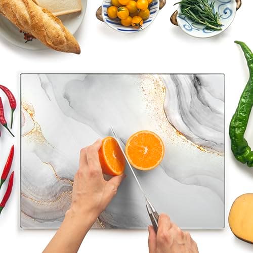 Image of Kitchenville Glass Chopping Board 40x30cm : Tempered Glass Worktop Savers for Kitchens, Durable, Scratch-Resistant, Heat-Proof - White & Gold