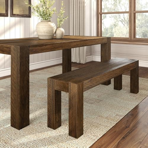 Image of Plank+Beam Camden, Farmhouse Dining Bench, 58", Solid Wood Dining Bench, Rustic Bench for Dining Table and Kitchen, Natural Wood Grain, Rustic Barnwood