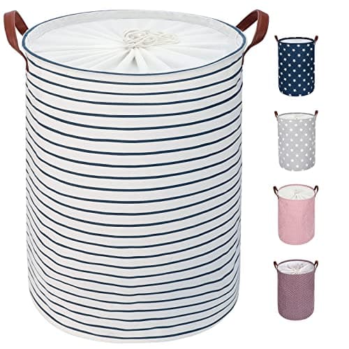 Image of DOKEHOM 18-Inches Freestanding Laundry Basket with Lid, Collapsible Large Drawstring Clothes Hamper Storage with Handle (Blue Stripe, M)