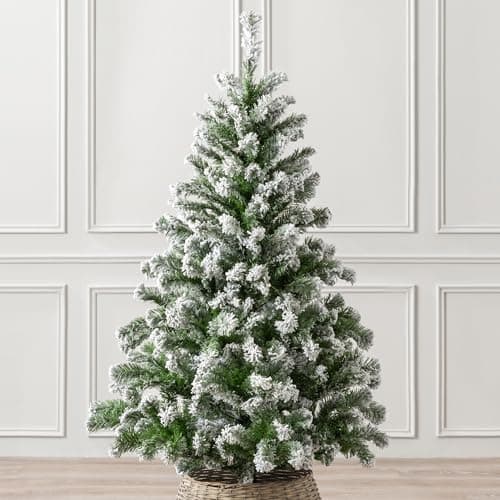 Image of Christow Flocked Christmas Tree 5ft, Snowy Artificial Chamonix Spruce Tree with Bushy Traditional PVC Tips, Hinged Branches, Slot-Together Poles & Green Metal Stand for Easy Display, 150cm x 91cm