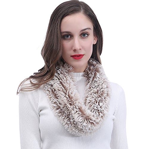 Image of Lina & Lily Super Soft Fluffy Faux Fur Snood Scarf Neck Warmer (White and Brown)