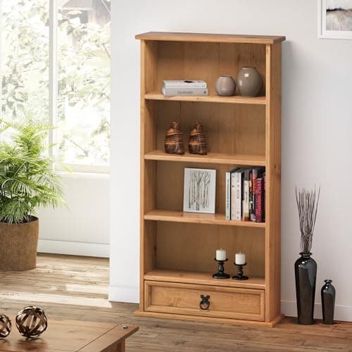 Image of Corona Solid Wood Pine DVD Storage Unit 1 Drawer Wooden Bookcase Small Slim Living Room Media Rack Lounge Hallway Bedroom Mexican Style 103cm High 52cm Wide 18cm Deep