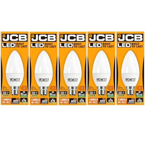 Image of JCB 6w LED B22 Candle Bulbs Bayonet, 40w Incandescent Bulb Equivalent, 470lm, Warm White 3000k, Non Dimmable, LED Bayonet Bulb Candle Light Bulbs, 220-240v. Packs of 5 Units