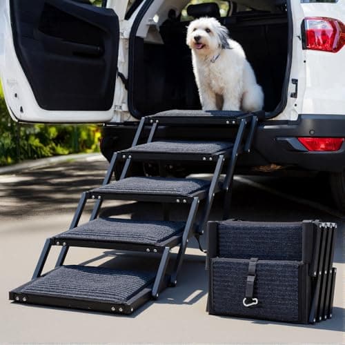Image of The Fellie Dog Ramps for Cars, Foldable Dog Car Ramps for Large Dogs with Non-Slip Rug Surface, Portable Dog Steps for Cars and SUV, Truck, High Bed, Extra Wide Pet Ladder Support Up to 250 Lbs