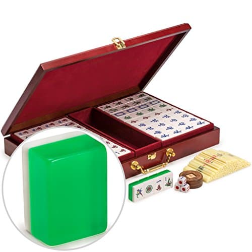 Image of Yellow Mountain Imports Classic Chinese Mahjong Game Set, Emerald with 148 Medium-Size Translucent Green Tiles and Wooden Case
