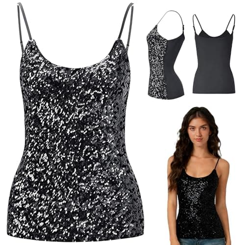 Image of MUNSKT Women's Sequin Party Tops, Adjustable Straps Daily Halter Tank Tops Sleeveless Glitter Camisole Vest Blouse Tshirts for Night Club Party Performance Costume Tops (Black)