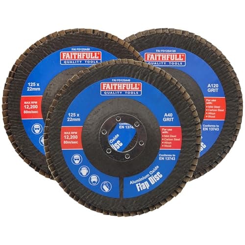 Image of Faithfull FAIFD125AM3 125mm Flap Disc Aluminium Oxide Set – 40/80/120 Mix Grit, Angle Grinder Discs for Sanding Steel, Wood, Alloys – 3PCS
