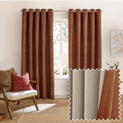 Image of furn. Verso Blackout Eyelet Curtain Pair – Reversible Ring Top Light Blocking Suede Drapes (Cinnamon - 117x137cm)