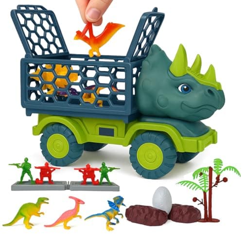 Image of Toyana Kids 13 PCs Dinosaur Truck with Rhino Head, Mini Dinosaurs Figures Transport Carrier, Push and Go Truck, Creative Activity Gift Playset for Children Ages 3+ Years