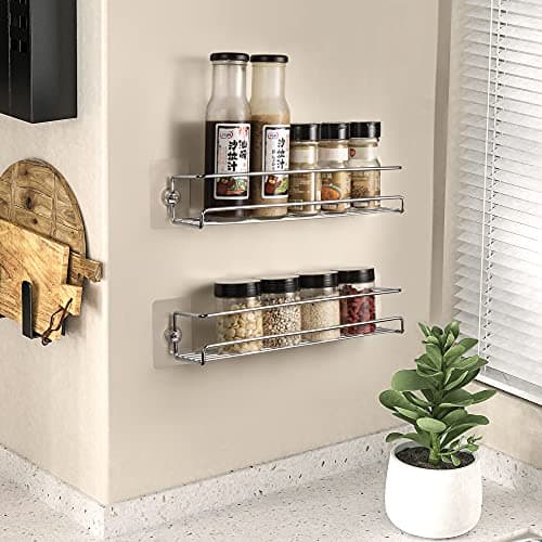 Image of Lonian 2-Tier Wall Mounted Spice Rack Organizer, Chrome Metal Spice Shelf Storage Basket for Kitchen Cabinet/Pantry Door, Includes Drilling & No-Drilling Installation Options