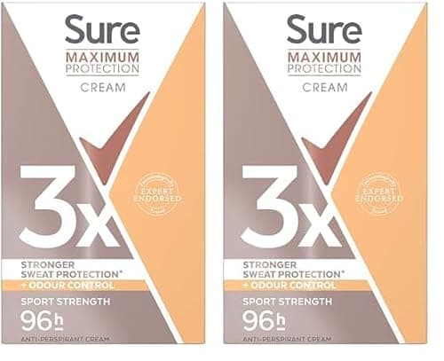 Image of Sure Maximum Protection Sport Strength Anti-Perspirant Cream Stick - 96-hour Deodorant for 3x Stronger Sweat Protection, 45 ml (Pack of 2)