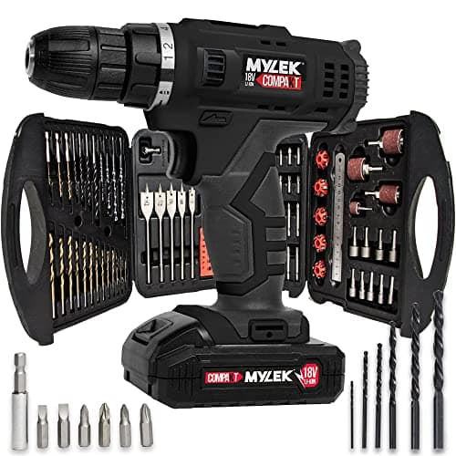 Image of MYLEK 18V Cordless Drill Electric Driver Set, Lithium Ion Battery, 18 Volt Combi Screwdriver Pack, Black, 131 DIY Piece Accessory Kit and Carry Case