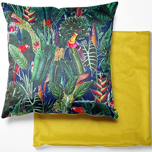 Image of Discount Fabrics LTD Velvet Cushion Covers Fabric Curtain Plush Tropical Botanical Paradise Rainforest (18 Inch Cushion Cover, Rainforest Navy)